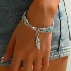 Double Row Turquoise Beaded Feather Bracelet - Antique Silver Geometric Carved